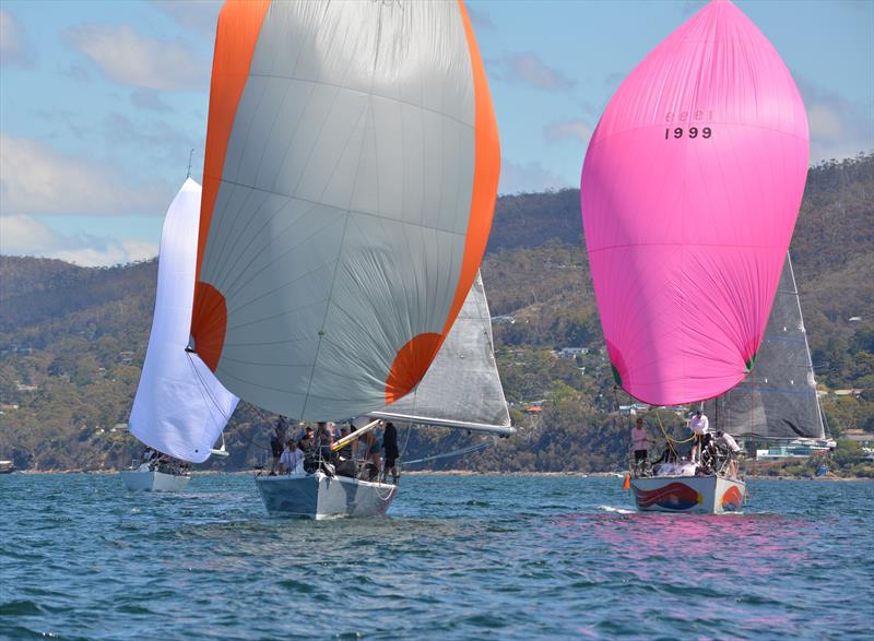 Combined Clubs Harbour Pennant Race 4: Young Magic (1999) flying into the finish photo copyright Colleen Darcey taken at Derwent Sailing Squadron and featuring the IRC class