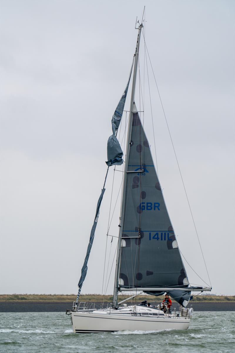 Arcadia of Harwich, Penelope and Mark Gillett, retired with a snapped reef line and a torn jib during Burnham Week 2024 photo copyright Petru Balau Sports Photography / sports.hub47.com taken at Royal Corinthian Yacht Club and featuring the IRC class