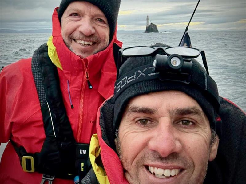 Stefan Jentzsch and Marc Lagesse celebrate rounding the Fastnet Rock - photo © Black Pearl