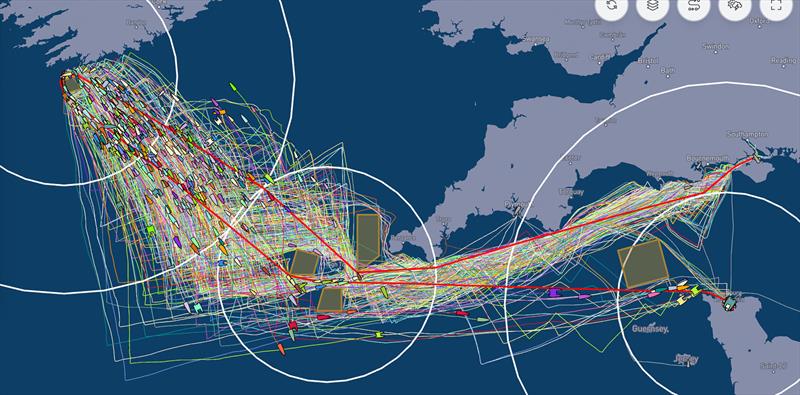 YellowBrick Tracker - showing the tactical influence of multiple Exclusion Zones - 2300hrs BST - Rolex Fastnet Race - July 28, 2025 - photo © YellowBrick