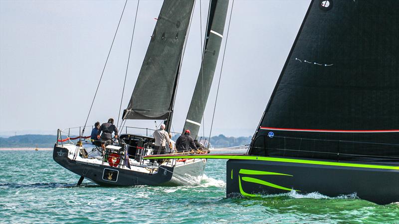 Teasing Machine (FRA) crosses ahead of Django (ITA) - AC1 - Inshore Race - Rolex Fastnet Race - July 24, 2025 - photo © Richard Gladwell - Sail-World.com/nz
