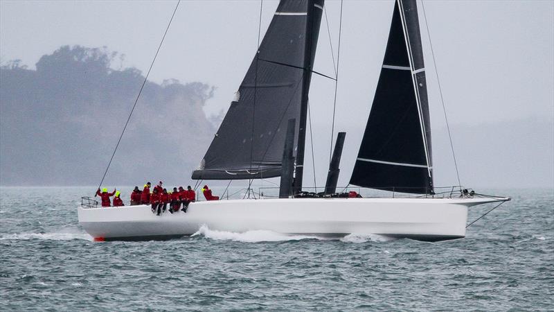 Lucky emerges from the murk to make her final approach to the finish line in Auckland - Finish Sydney Auckland Race - October 14, 2025 - photo © Richard Gladwell - Sail-World.com/nz