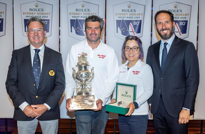 Dr Sam Haynes, Commodore of the CYCA; Alexis Loison and Jiang Lin co-skippers of the overall winning yacht Min River; Eduardo Maclean, Rolex Australia  - photo © Kurt Arrigo