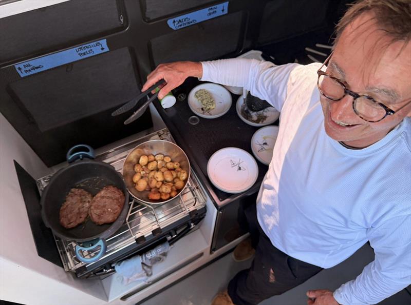 Rib-eye for dinner on Xavier Bellouard's Maxitude - 2026 RORC Transatlantic Race day 3 - photo © Team Maxitude