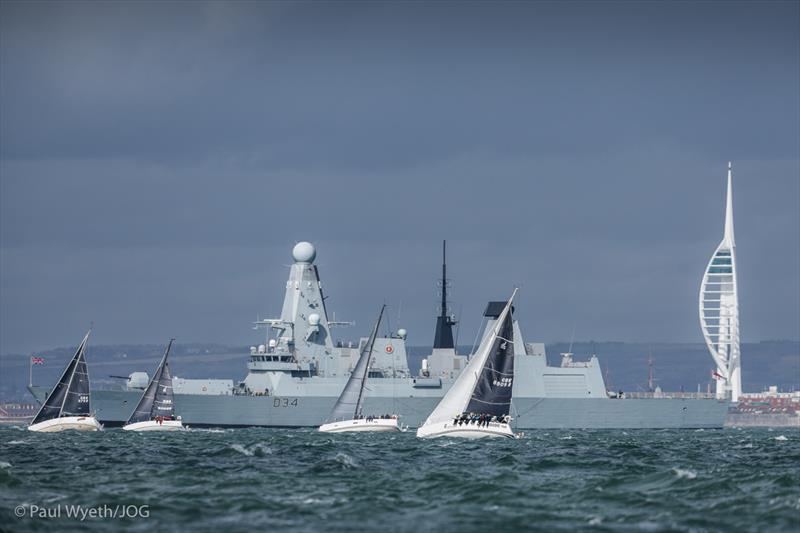 Mojo Risin and Malice JOG racing with HMS Diamond in the background photo copyright Paul Wyeth / JOG taken at Junior Offshore Group and featuring the IRC class
