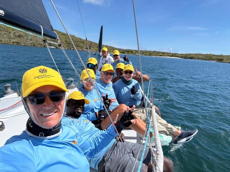 Antigua Sailing Week 2026 Day 2 - A selfie of High Tension's crew wearing their EH Rum caps - one of the days tasks in the treasure hunt - photo © High Tension