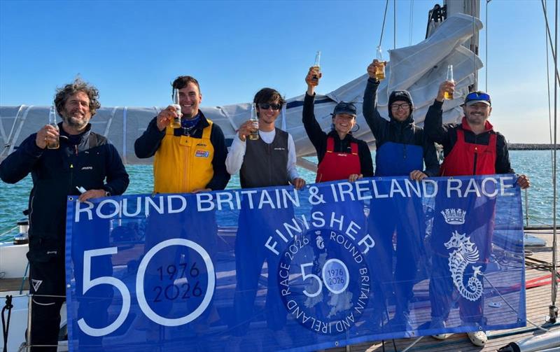 Celebrating their achievement on Swan 44 Astrid after completing the race - photo © RORC