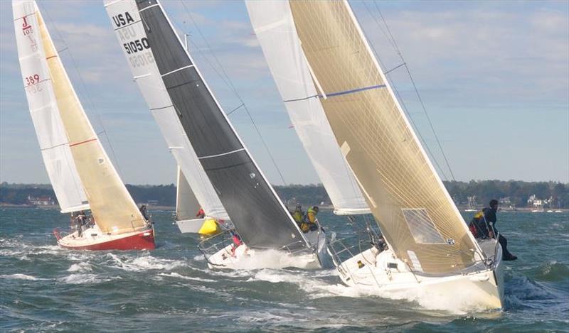 The J/105 class races upwind: (l to r) the Bowdoin College team on Morning Glory, the Yale University team on Liquid Courage and the EDHEC team from France on Conundrum at the 2013 Intercollegiate Offshore Regatta  photo copyright McMichaelYachts.com taken at Larchmont Yacht Club and featuring the J105 class