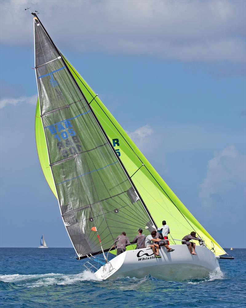 Team Whistler (J/105) battle to keep the spinnaker flying on the tight reach - Barbados Sailing Week 2018 photo copyright Peter Marshall / BSW taken at Barbados Yacht Club and featuring the J105 class