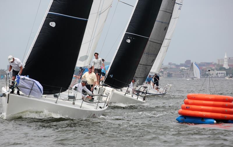 A group of J/105 one-designs get set to round the windward during a race on Friday - Charleston Race Week 2021 - photo © Willy Keyworth