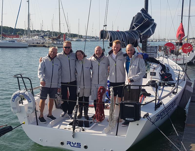 J/121 Darkwood: L-R Alistair Shaw, Stephen Lawrence, Rosie O'Donnell, Michael O'Donnell, James Holmes, Will Pidden - RORC Channel Race photo copyright Rick Tomlinson / www.rick-tomlinson.com taken at Royal Ocean Racing Club and featuring the J/121 class