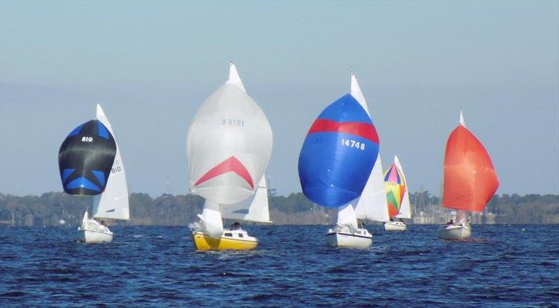 San Juan 21s in downhill action on the waters of Lake Monroe photo copyright Lake Monroe Sailing Association taken at  and featuring the J/24 class