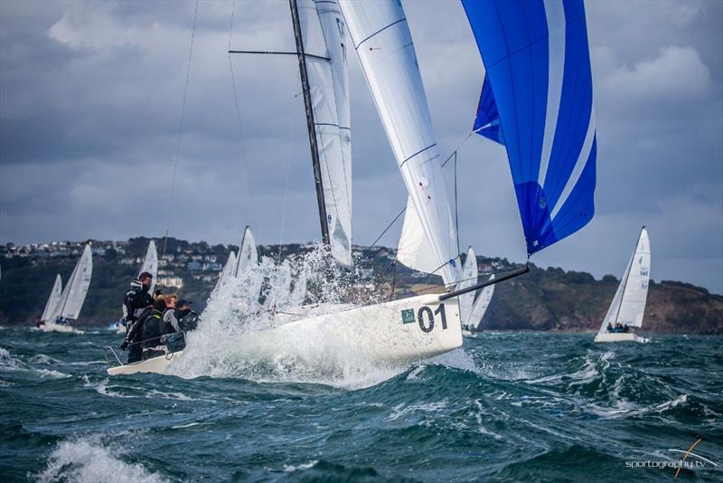 James Torr (GBR) racing Caramel launched on Big Wednesday at the Darwin Escapes 2019 J/70 Worlds at Torbay photo copyright www.Sportography.tv taken at Royal Torbay Yacht Club and featuring the J70 class