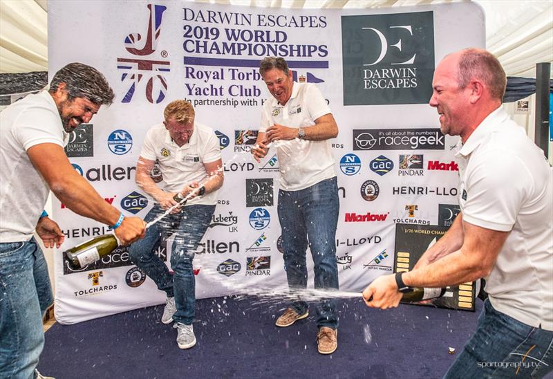 Champagne moment for Eat, Sleep, J, Repeat! at the Darwin Escapes 2019 J/70 World Championships photo copyright www.Sportography.tv taken at Royal Torbay Yacht Club and featuring the J70 class