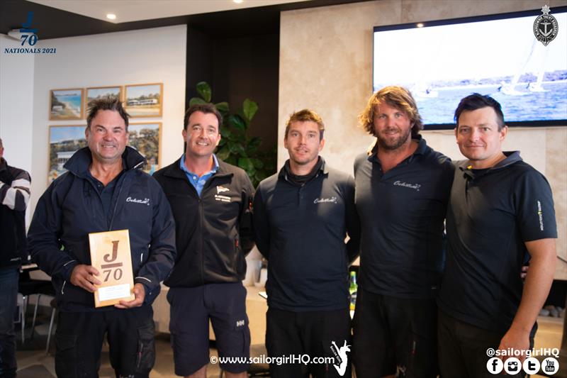 2021 J70 Australian Championships 2nd overall, Celestial (l-r) Sam Haynes, Matt McCarthy, Vice Commodore BYS, Johnny Warren, Locky Pryor, David Chapman - photo © Nic Douglass / www.AdventuresofaSailorGirl.com