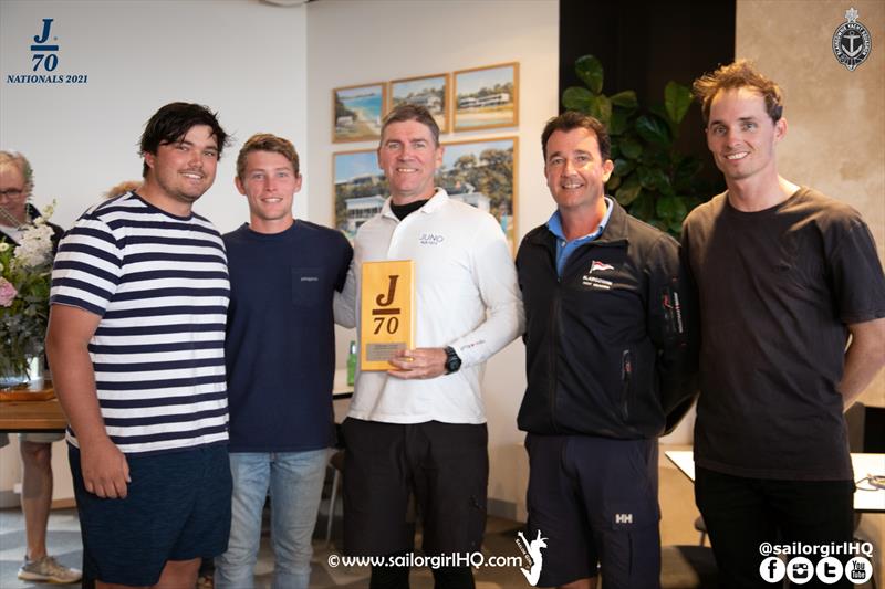 2021 J70 Australian Championships 3rd overall, Juno (l-r) James Hodgson, Murray Jones, Reg Lord, Matt McCarthy, Vice Commodore BYS, Tom Grimes photo copyright Nic Douglass / www.AdventuresofaSailorGirl.com taken at Blairgowrie Yacht Squadron and featuring the J70 class