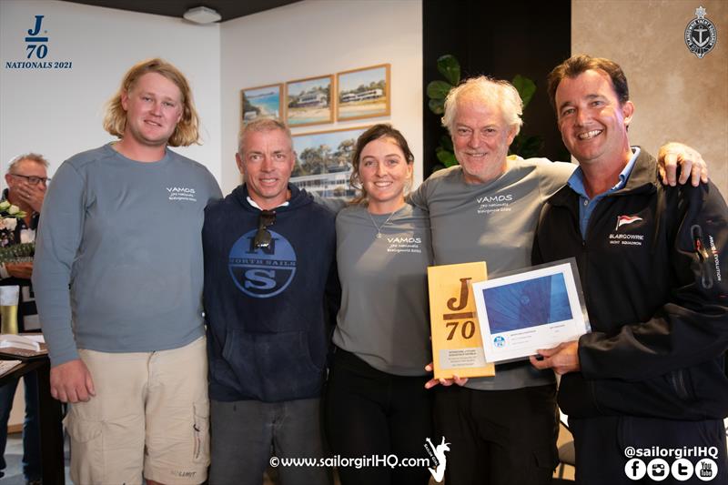 2021 J70 Australian Championships 1st Overall, Vamos (l-r) Charlie Gundy, Rob Greenhalgh, Jess Grimes, Tim Ryan, Matt McCarthy, Vice Commodore BYS photo copyright Nic Douglass / www.AdventuresofaSailorGirl.com taken at Blairgowrie Yacht Squadron and featuring the J70 class