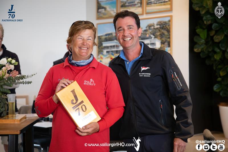 2021 J70 Australian Championships 4th Overall and Ladies Division winner Karyn Gojnich with Matt McCarthy, Vice Commodore BYS photo copyright Nic Douglass / www.AdventuresofaSailorGirl.com taken at Blairgowrie Yacht Squadron and featuring the J70 class