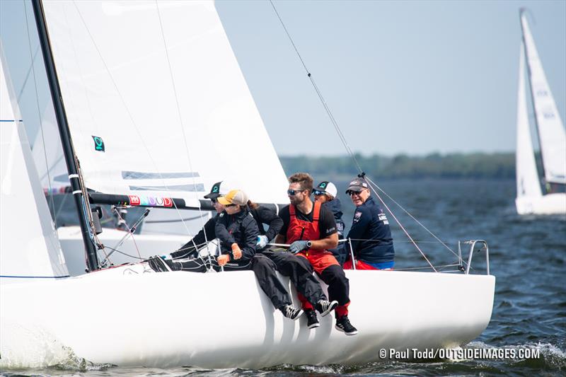 Terry Hutchinson, skipper of the top J/70 at the Helly Hansen NOOD Regatta Annapolis, looks for place tack during another busy mark rounding photo copyright Paul Todd / Helly Hansen NOOD Regatta taken at Annapolis Yacht Club and featuring the J70 class