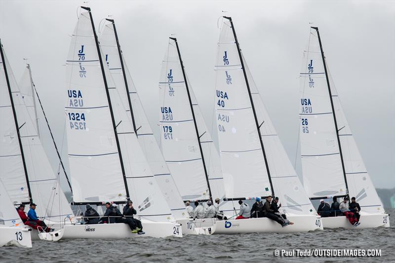 Bruce Golison, of Long Beach, California, leads the 30-boat J/70 fleet off a start on the final day of the 2019 Helly Hansen NOOD Regatta Annapolis. - photo © Paul Todd / Outside Images