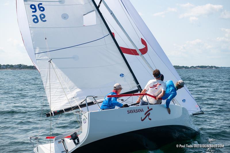 Brian Keane, of Weston, Mass., and his crew practice roll jibes in his J/70 in preparation for the start of racing at the Helly Hansen NOOD Regatta in Marblehead photo copyright Paul Todd / www.outsideimages.com taken at Boston Yacht Club and featuring the J70 class