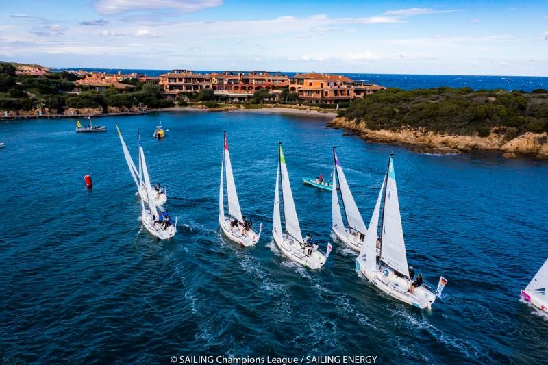An aerial image of the SAILING Champions League racing within Porto Cervo's harbour - photo © SAILING Champions League / Sailing Energy