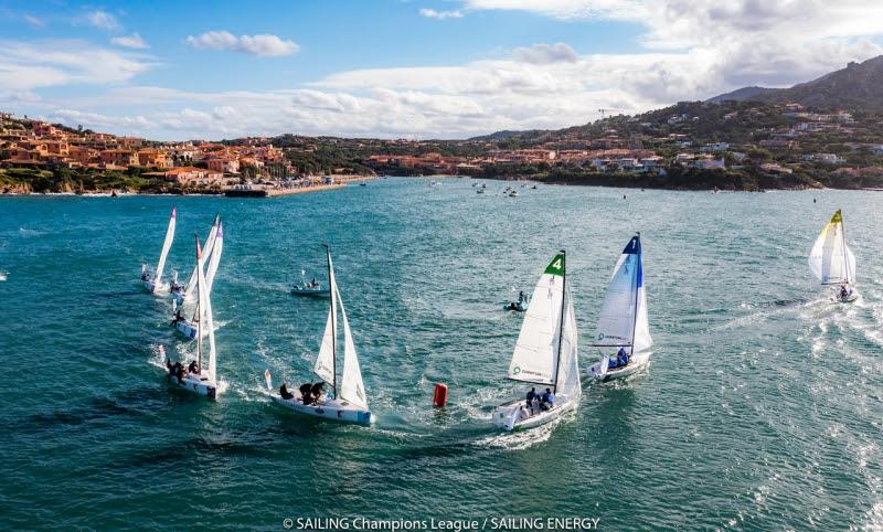 The SAILING Champions League fleet racing off Dolce Sposa beach, Porto Cervo photo copyright SAILING Champions League / Sailing Energy taken at Yacht Club Costa Smeralda and featuring the J70 class