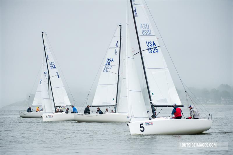 J/70 sailors work their way through the fog at the second day of the Helly Hansen Sailing World Regatta Series in Annapolis photo copyright Paul Todd / Outsideimages.com taken at Annapolis Yacht Club and featuring the J70 class