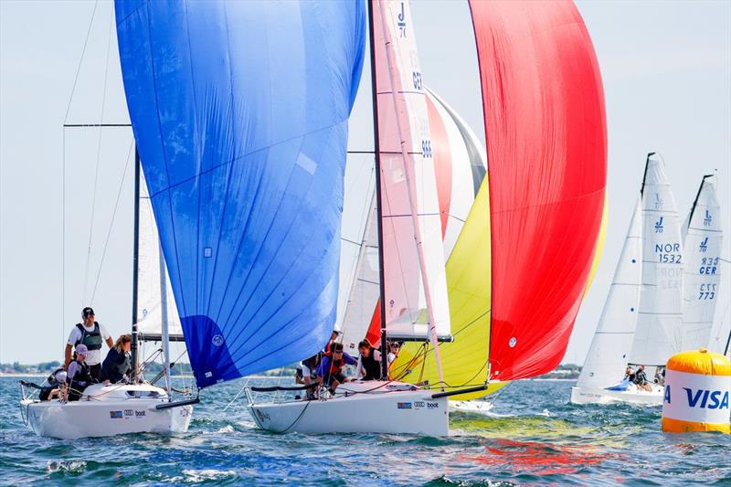 Close racing at the mark roundings for the J/70 class at Kiel Week 2023 photo copyright Kiel Week / ChristianBeeck.de taken at Kieler Yacht Club and featuring the J70 class