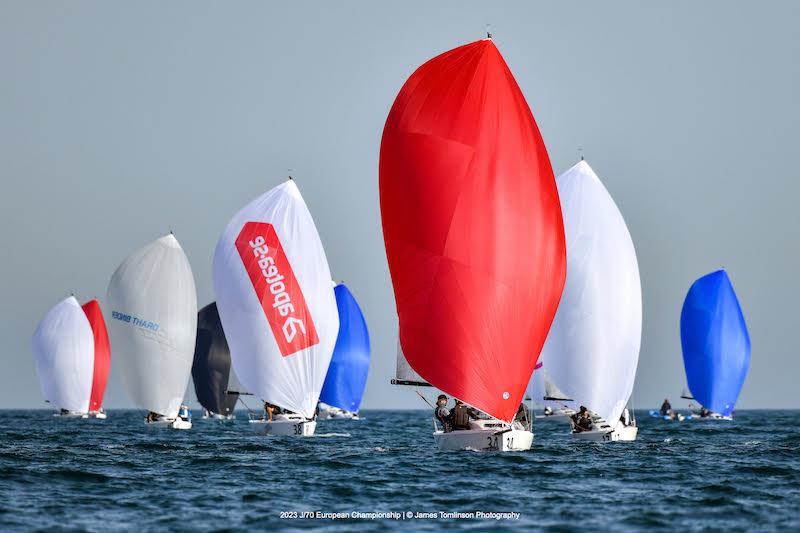 2023 J/70 European Championship - the red gennaker of 'Good To Go' in a winning lane photo copyright James Tomlinson taken at Weymouth & Portland Sailing Academy and featuring the J70 class