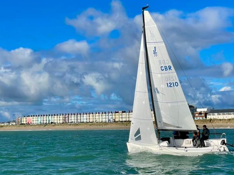 Mojito Bach making good progress along Pwllheli beach - Pwllheli Autumn Challenge Series week 4 photo copyright Rebecca Warren taken at Plas Heli Welsh National Sailing Academy and featuring the J70 class