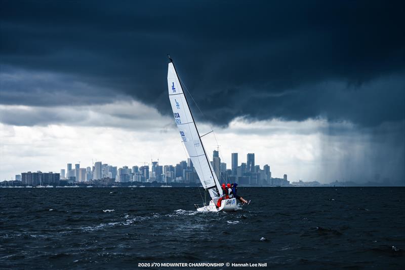 Drama looming on Biscayne Bay during the 2026 J/70 Midwinter Championship photo copyright Hannah Lee Noll taken at Shake-A-Leg Miami and featuring the J70 class
