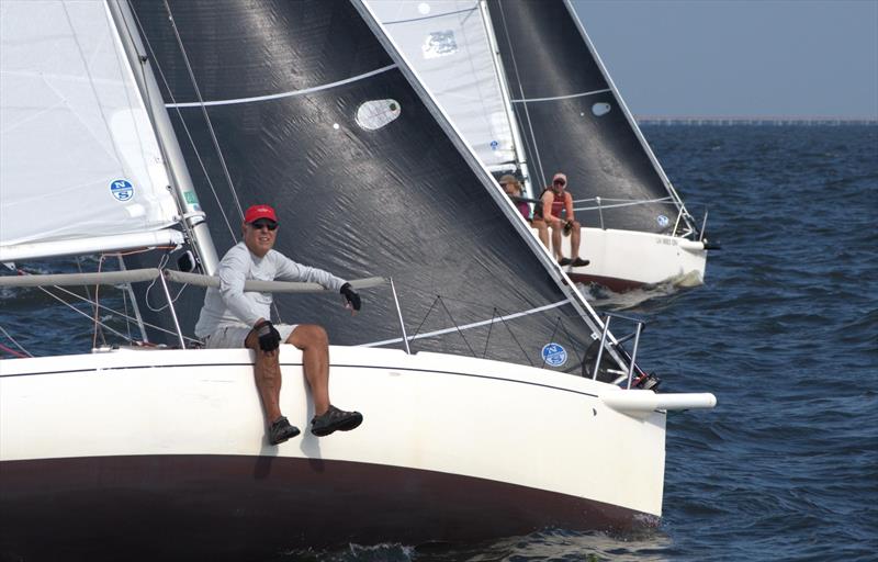Steven Mikes, regatta chair for this year's J/80 North American Championship, on the rail of a J/80 photo copyright Southern Yacht Club taken at Southern Yacht Club and featuring the J80 class