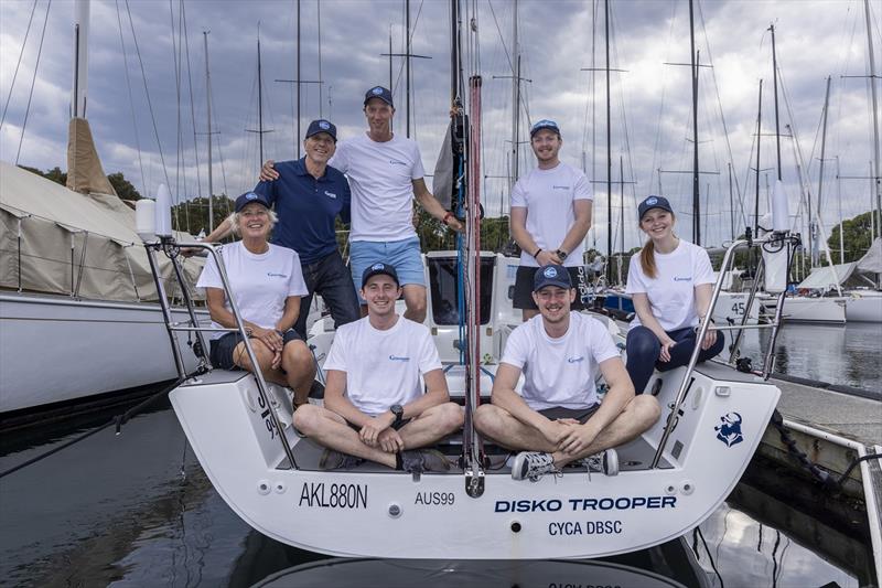 Disko Trooper Contender Sailcloth crew - Back left: Wendy Tuck, Jan ‘Clogs’ Scholten, Jules Hall, Nathan Gulliksen, Emma May. Front from left: Mark Murray, Charlie Watts - photo © Andrea Francolini