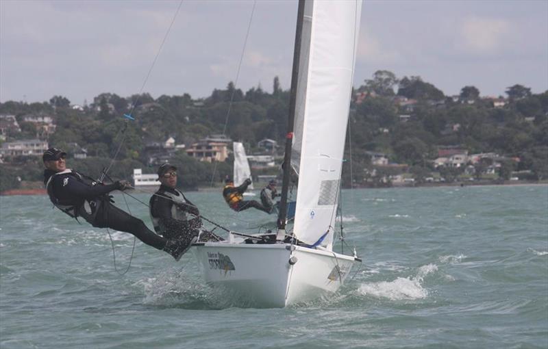 “The Shankses” (Ross and Colin Shanks) leading “The Davids” to the top mark - 2019 National Javelin Championship photo copyright Howick Sailing Club taken at  and featuring the Javelin Skiff class