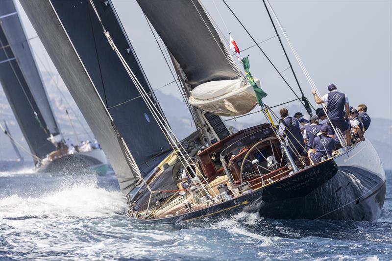 The J Velsheda trails the longer, faster Topaz on day 1 of the Maxi Yacht Rolex Cup photo copyright Studio Borlenghi / International Maxi Association taken at Yacht Club Costa Smeralda and featuring the J Class class