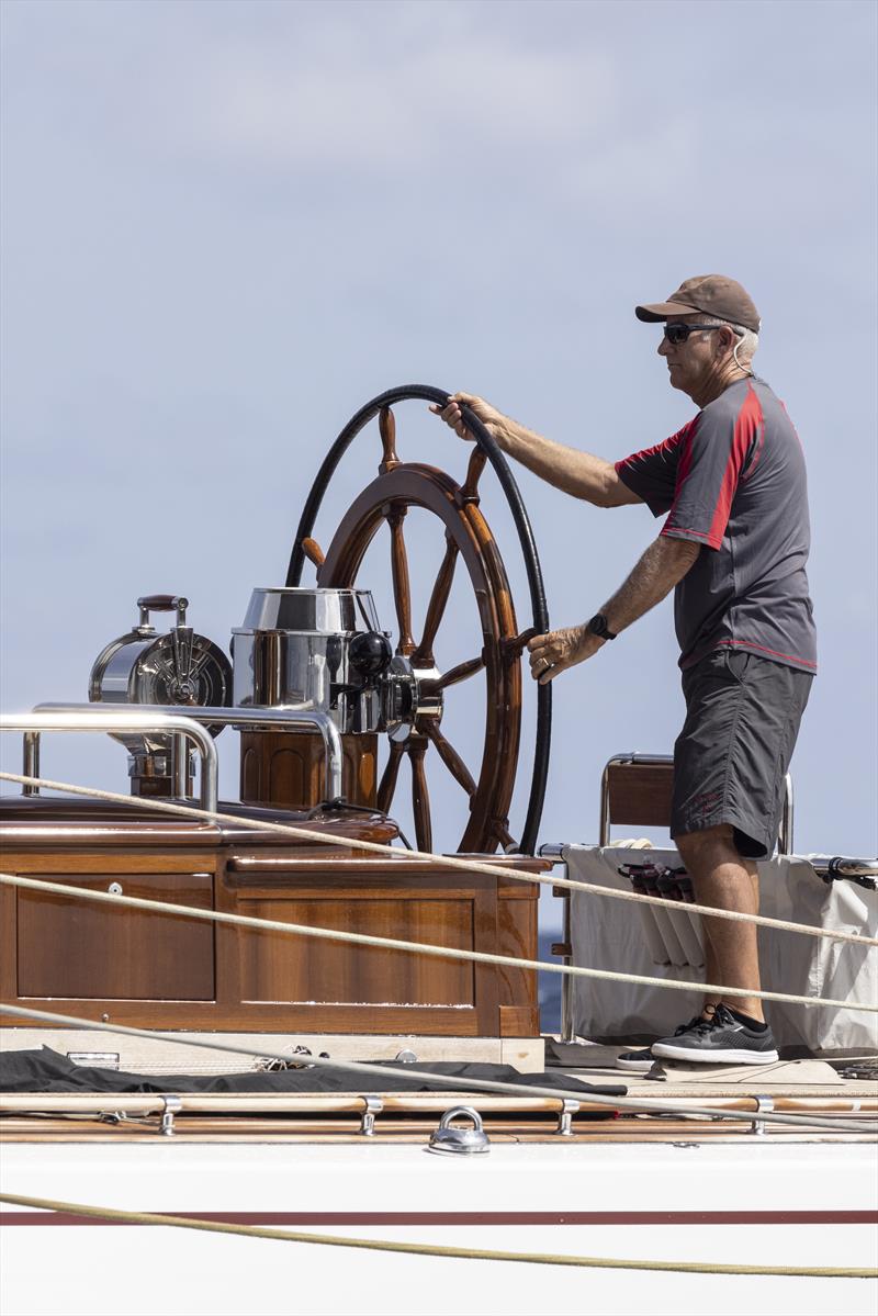 America's Cup winning helmsman Ed Baird wrestles with the wheel on board Ranger - Maxi Yacht Rolex Cup - Yacht Club Costa Smeralda  Day 1, September 5, 2022 photo copyright Francesco Ferri  IMA / Studio Borlenghi taken at Yacht Club Costa Smeralda and featuring the J Class class