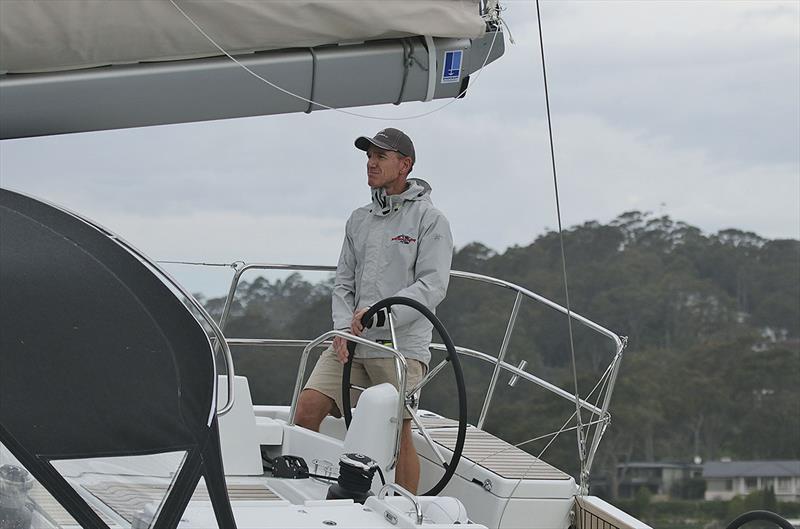 Lee Condell at the helm of the glorious Jeanneau Sun Odyssey 490 out on Pittwater. - photo © John Curnow