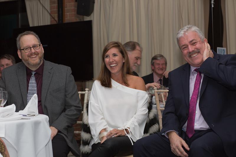 Courtney Chalmers (centre), Vice President of Marketing, Boats Group and Ian Atkins (right) at the presentation evening photo copyright Tina Chisnell taken at Royal Southern Yacht Club and featuring the John Merricks Sailing Trust class
