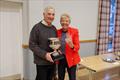 Liz Train presents Alec Glendinning with the Sunbird Trophy for his most adventurous passage aboard his 21ft junk rigged yacht Tirrik &copy; Nicola McColm