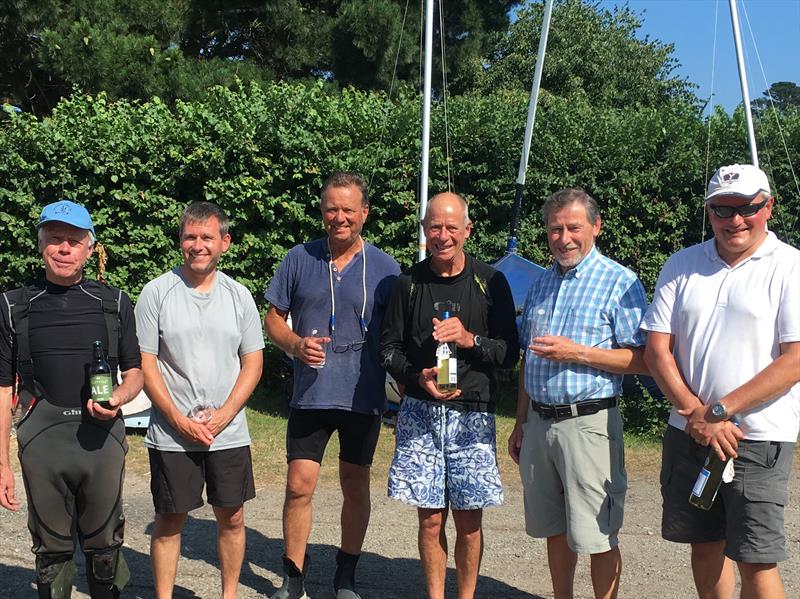 K1 Travellers at Teign Corinthian YC prize winners (l-r) Mike Green, Andy Snell (1st), Jeff Vander Borght (2nd), Hugh Duncan, Mike Commander (3rd) and RO Sasha Karakusevic photo copyright TCYC taken at Teign Corinthian Yacht Club and featuring the K1 class