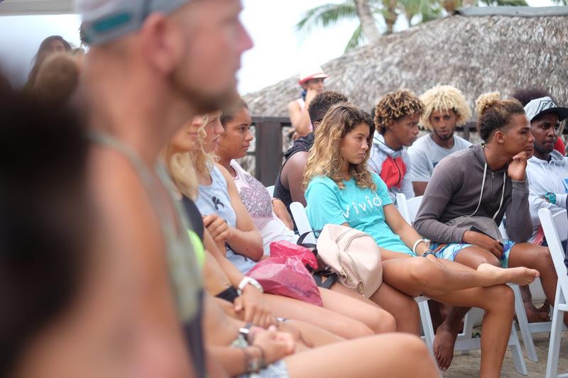 Women's tour leader, 13 year-old Mikaili Sol focusing in at this morning's skippers meeting photo copyright Event Media taken at  and featuring the Kiteboarding class