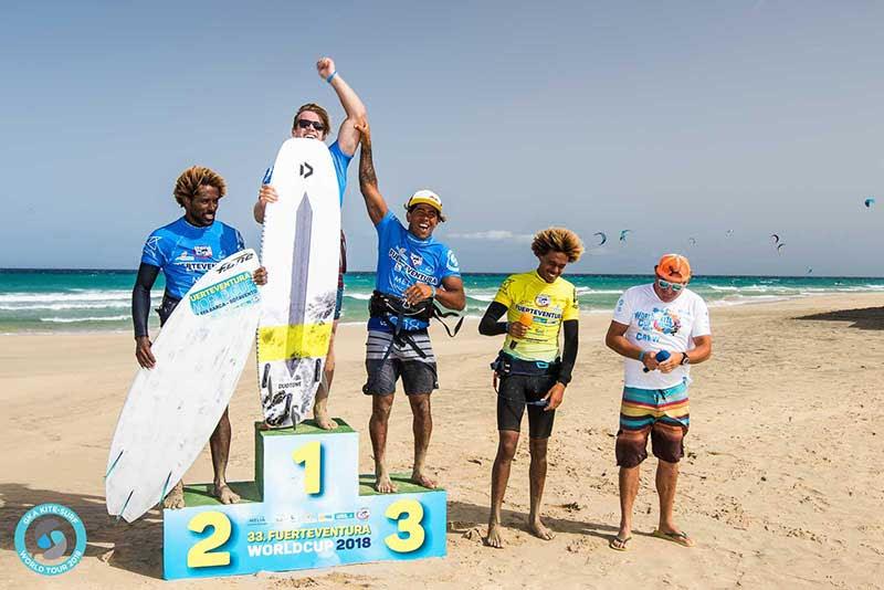 Podium winners, left to right: Mitu Monteiro (CV) 2nd, James Carew (AUS) 1st, Airton Cozzolino (CV / ITA) 3rd, Matchu Lopes (SPN) 4th photo copyright Tom Brendt / Tillmanns Team taken at  and featuring the Kiteboarding class