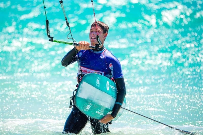 Winner Guy Bridge at finish - Red Bull Lighthouse to Leighton Kiteboard Race photo copyright Gordon Pettigrew taken at  and featuring the Kiteboarding class