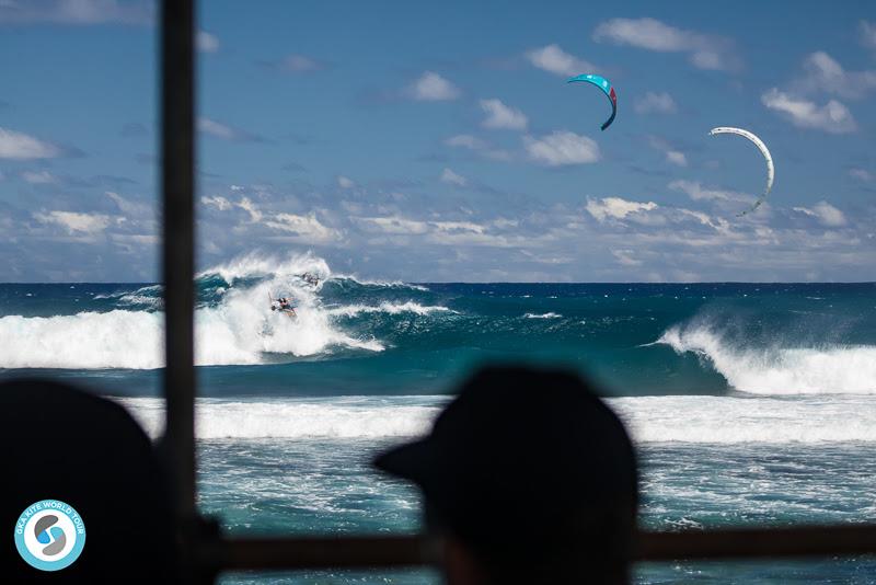 James and Ozzie - at it, hell for leather for 20 minutes - 2019 GKA Kite World Cup Mauritius, day 6 photo copyright Svetlana Romantsova taken at  and featuring the Kiteboarding class