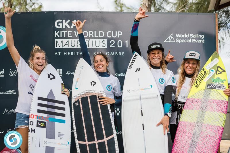 Women's single elimination Kite-Surf result, left to right: 4th Sophia Abreu, 3rd Maria Kinkina, 1st Jalou Langeree, 2nd Carla Herrera-Oria - 2019 GKA Kite World Cup Mauritius, day 7 - photo © Svetlana Romantsova