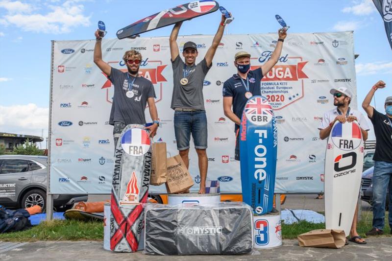 Top three men - 2020 Formula Kite Individual European Championships photo copyright Eureka / Dominik Kalamus taken at  and featuring the Kiteboarding class