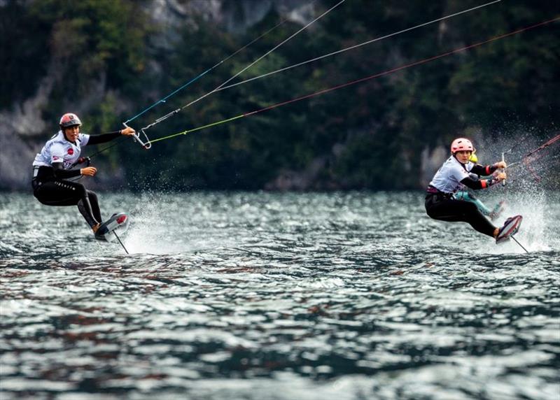 Alexia Fancelli (FRA) battling with young gun Nina Arcisz (POL) in the Silver fleet - Formula Kite Mixed Team Relay European Championships, day 3 photo copyright IKA / Alex Schwarz taken at  and featuring the Kiteboarding class