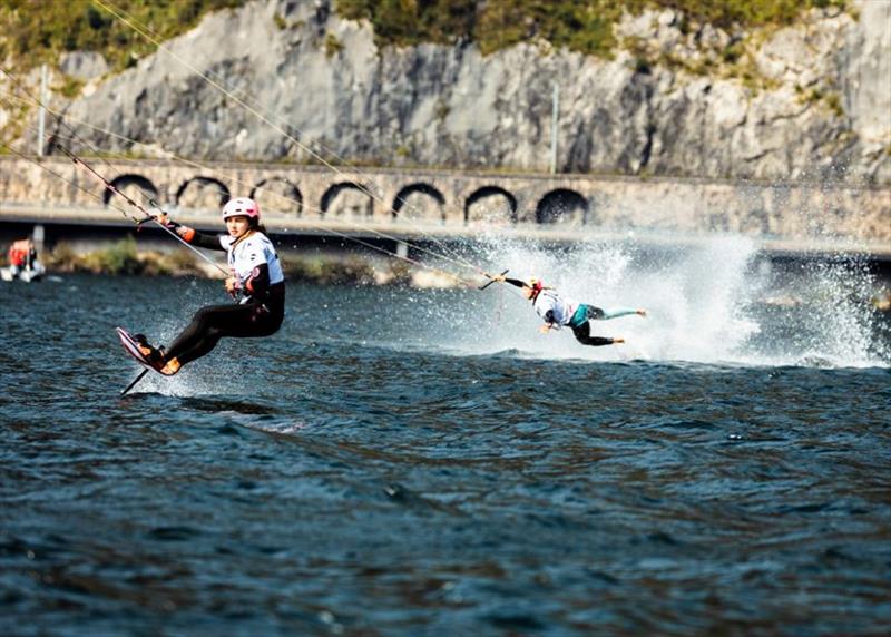 Julia Damasiewicz (POL) pushed a little too hard trying to catch compatriot Magdalena Woyciechowska on the final leg to the finish - Formula Kite Mixed Team Relay European Championships, day 3 photo copyright IKA / Alex Schwarz taken at  and featuring the Kiteboarding class