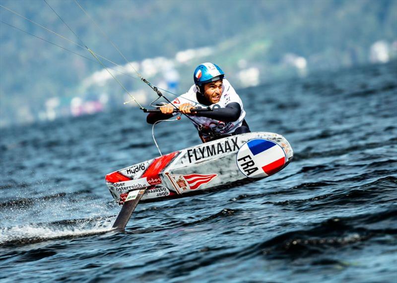 Maxime Nocher (FRA) showing just how intense the racing was today - Formula Kite Mixed Team Relay European Championships, day 3 - photo © IKA / Alex Schwarz